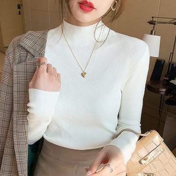 針織衫女大碼胖MM半高領打底衫秋冬新款洋氣毛衣中領上衣 大尺碼長袖t恤 半高領打底衫女 秋冬內搭 長袖上衣 氣質小立領