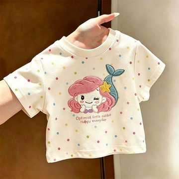 Healthy baby 夏季新款卡通洋氣女孩兒童寶寶美人魚波點印花短袖T恤上衣 女童短袖 儿童短袖 短袖
