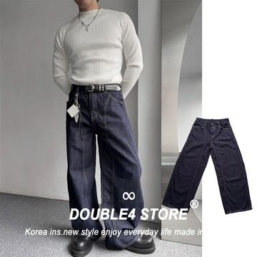 【DOUBLE4】單寧微彎刀牛仔長褲 素面 baggy 基礎 韓系穿搭 寬長褲 結構 黃線 落地 G500
