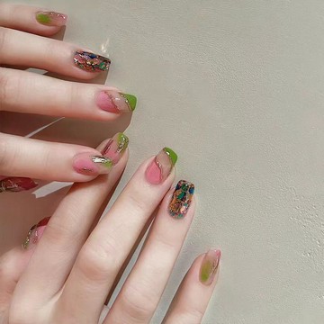 美甲穿戴甲春夏清新綠粉撞色穿戴甲短款 金箔亮片顯白氣質可拆卸美甲