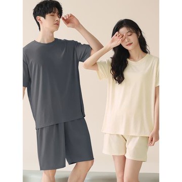 夏季情侶睡衣女帶胸墊冰絲短褲短袖舒適大碼薄款家居服男士套裝女