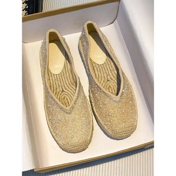 軟底漁夫鞋女2025新款珍珠亮鉆時尚瓢鞋淺口圓頭平底單鞋女一腳蹬