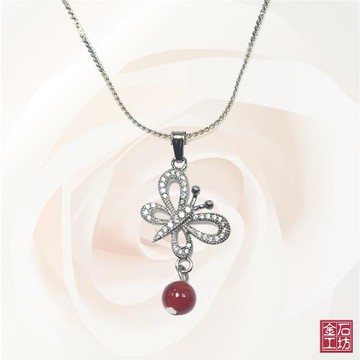 【金石工坊】蝴蝶飛舞紅瑪瑙閃鑽項鍊