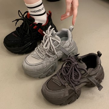 老爹鞋．個性網布拼接水鑽繫帶厚底休閒鞋．白鳥麗子