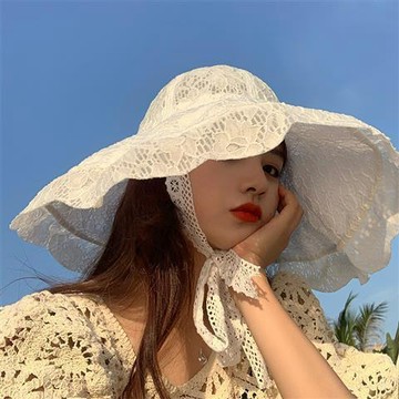 ⚡️限時秒殺⚡️夏季度假蕾絲鏤空大沿太陽帽女漁夫帽優雅大帽邊繫帶遮陽帽防曬