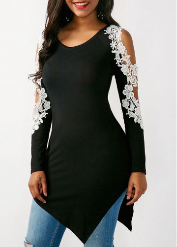 Long Sleeve Asymmetric Hem Lace Panel Blouse