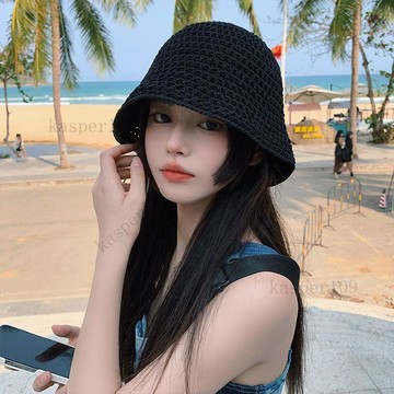 新款♥編織水桶帽女夏季薄款日系顯臉小水桶盆帽休閒黑色大頭圍帽子女