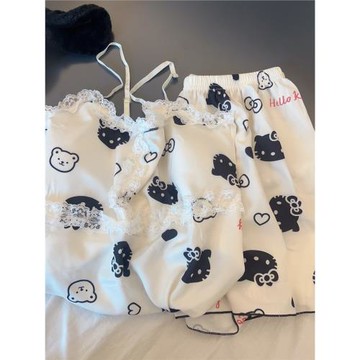 小貓冰絲睡衣女夏季薄款甜美可愛自帶胸墊無袖吊帶上衣短褲家居服