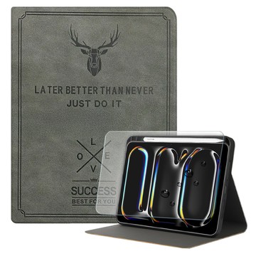 vXTRA 飛創 防潑水鹿頭壓紋 平板皮套 2代筆槽版 + 玻璃貼套組  2024 iPad mini 7/mini 6  清水灰  1組