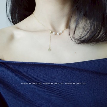 方糖家 925純銀珍珠星星項鏈  可調節氣質個性簡約不易過敏鎖骨鏈1入