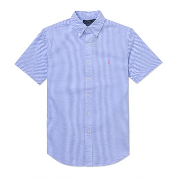 Polo Ralph Lauren RL 熱銷刺繡小馬短袖襯衫-藍白直條紋色(泡泡紗)