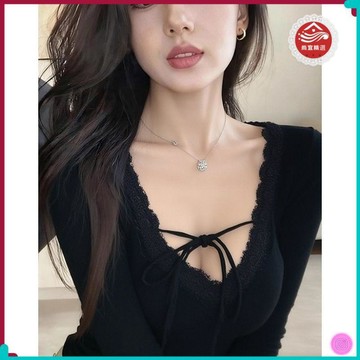 🎀超夯女裝🎀純欲風黑色v領繫帶長袖T恤女春秋冬薄款內搭收腰修身辣妹短款上衣