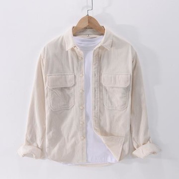 春秋燈芯絨長袖襯衫男翻領寬松條絨襯衣復古休閑青年純色寸衫上衣