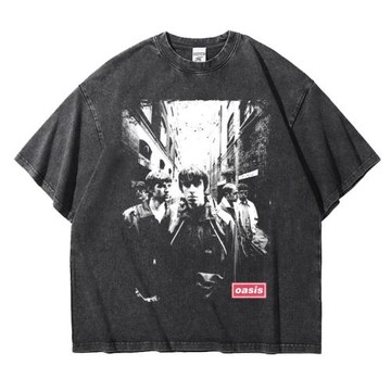 搖滾樂團oasis綠洲樂隊復古水洗阿美咔嘰做舊T恤重磅落肩寬松純棉