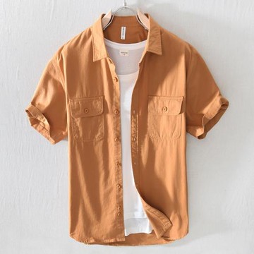 夏季男士純棉短袖襯衫翻領純色工裝襯衣潮牌青年薄款休閑寸衫上衣