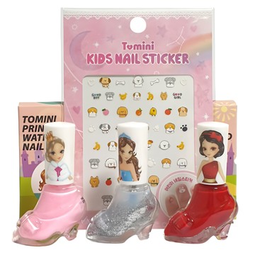 Tomini 兒童公主系列水性指甲油+美甲貼紙 無需卸甲液 撕除式  3瓶指甲油 + 貼紙  1組