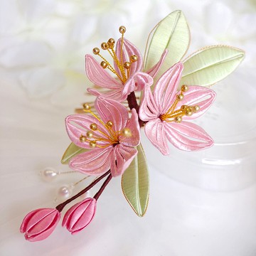 粉色小梅花髮夾 纏花 春仔花 和服發飾 天然真絲 蠶絲