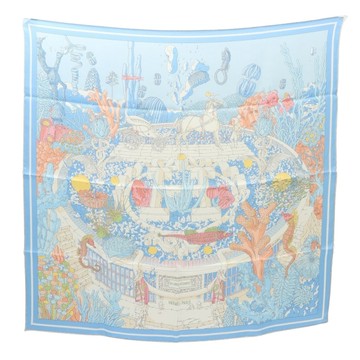 HERMES 愛馬仕 Ex Libris Atlantis Scarf 70 方巾 藍/白色 絲綢 【二手名牌BRAND OFF】