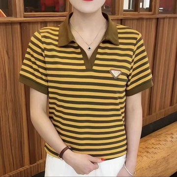 臺灣速賣2025夏季新款短袖T恤女POLO領翻領休閒寬鬆媽媽裝中年韓版上衣 條紋POLO衫 POLO領上衣 中年媽媽裝