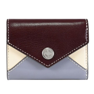 TORY BURCH 169534 撞色拼接皮革扣式三折小短夾.深紅/灰