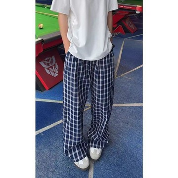 冰絲男褲  涼感休閒褲  美式復古網格子休閒褲男款夏季潮流冰絲輕薄褲子顯腿長速幹直筒褲0708