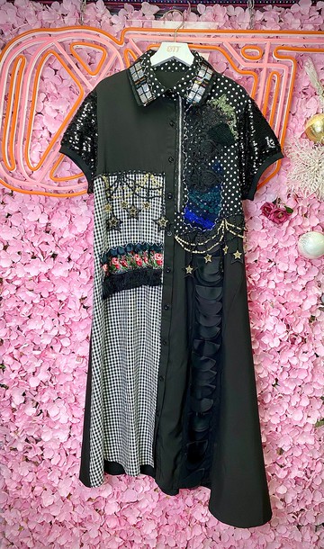 OTT獨一無二•Unique黑彩色刺繡手抅閃片星系花系長恤衫連衣裙