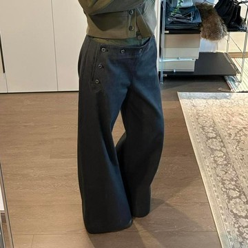 柚里 美式撞色腰頭拼接闊腿褲子女辣妹遮肉設計感可調節巴黎扣拖地長褲