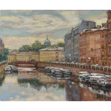 聖彼得堡繪畫城市建築 Petersburg Painting Cityscape Original Art 油畫原作 Embankment City