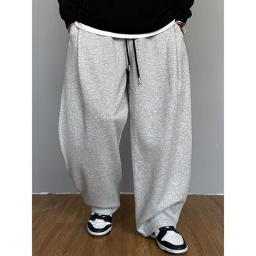 秋季美式休閑痞帥重磅灰色針織衛褲男直筒寬松抽繩百搭闊腿褲子潮