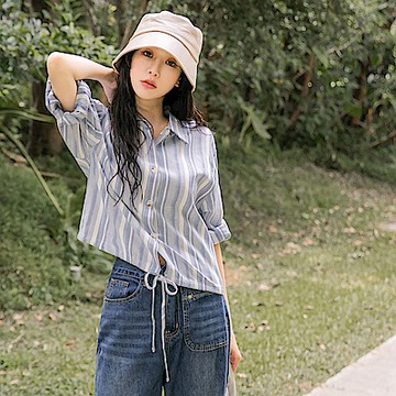 含棉短版直條紋抽繩綁帶長袖上衣襯衫-OB嚴選