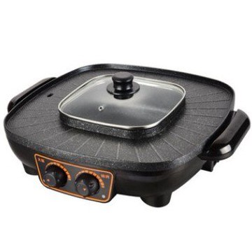 110V多功能料理鍋不粘電燒烤爐涮烤一體鐵板燒火鍋一體鴛鴦鍋 摩可美家