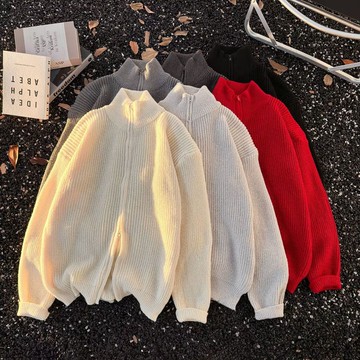 秋冬新款休閒百搭寬鬆上衣男素色拉鍊長袖毛衣男