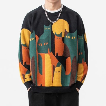 原創自製日系毛衣 潮牌創意貓咪圖案圓領毛衣男秋季寬鬆上衣潮