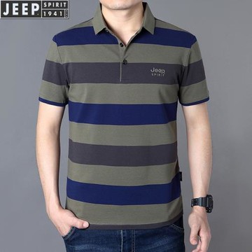 JEEP爸爸短袖t恤男夏季中年男士翻領純棉polo衫條紋男裝寬松大碼
