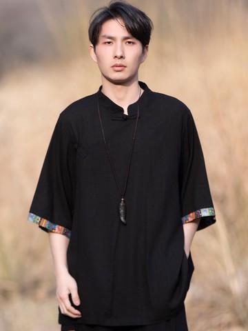 新中式復古 亞麻短袖T恤 中國風唐裝