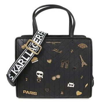 KARL LAGERFELD MAYBELLE 卡爾與貓立體配飾绗縫斜紋手提肩斜兩用包(古典黑)