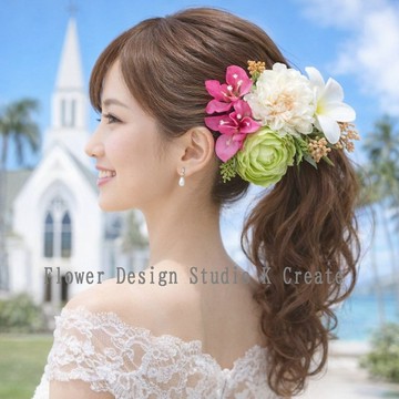 獻給婚禮♡大理菊與毛茛頭飾 雞蛋花 度假婚禮 黃綠色 夏威夷婚禮 沖繩婚禮 關島婚禮 新娘造型