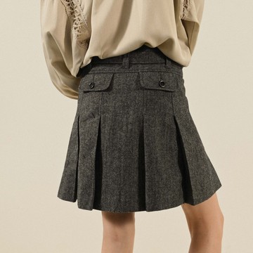 【NaSuBi Vintage】腰帶綴飾混色緹花古著百褶裙