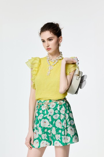 馬鞭草檸檬色雪紡荷葉袖上衣