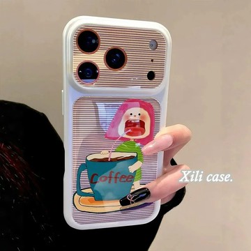 條紋塗鴉咖啡女孩適用蘋果17PROMAX手機殼iPhone16pro玻璃15防摔14/13
