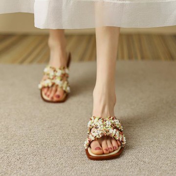 果果家復古小香風法式珍珠涼拖鞋女外穿平底布面拖鞋時尚粗跟大碼