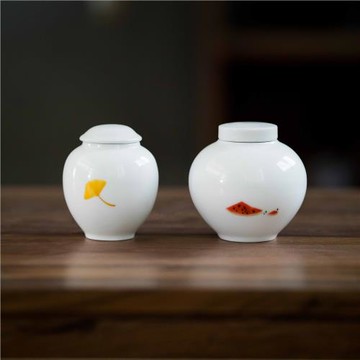 白瓷手繪銀杏葉茶葉罐密封儲物罐 小茶倉功夫茶具茶罐家用收納罐