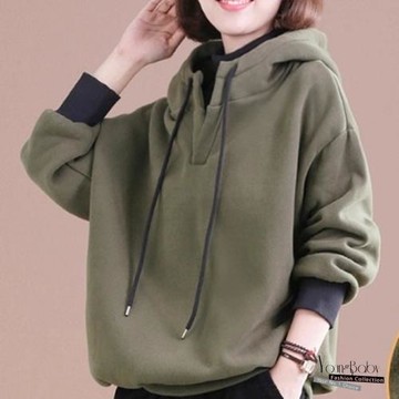 【YOUNGBABY中大碼】高領撞色連帽加絨加厚假兩件式織衣T 中大尺碼女裝