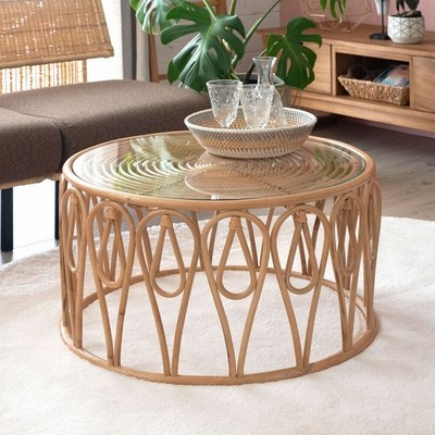 籐 テーブル ラタン レトロ  円形 ガラス センターテーブル お洒落 楽天市場】ラタン テーブル ガラス 天板 ローテーブル 丸型