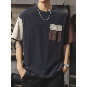 夏季純棉拼色短袖t恤男士寬松潮牌美式復古休閑百搭圓領半袖上衣