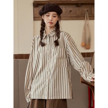 文藝復古韓系百搭寬松條紋襯衫女春秋新款學院風甜美減齡別致上衣
