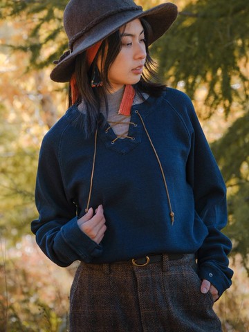 靛藍色 華夫格全棉靛藍V領細帶長袖上衣