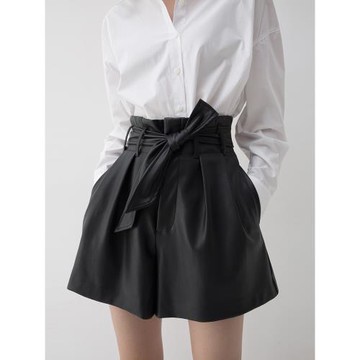 高腰綁帶寬松休閑褲潮2025新款爆款黑色闊腿pu皮短褲春秋款女外穿