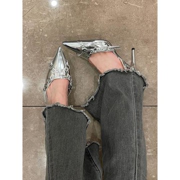 高跟鞋女2025年春秋新款尖頭細跟純銀色淺口單鞋性感小眾中空涼鞋