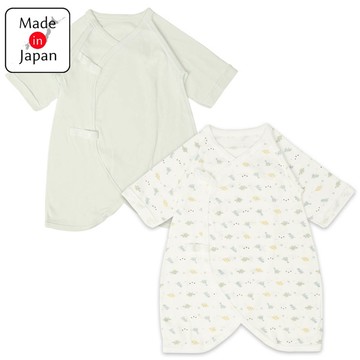 akachan honpo - 新生兒長袖蝴蝶裝2件組按扣款-恐龍-綠色 (50~60cm)-日本製